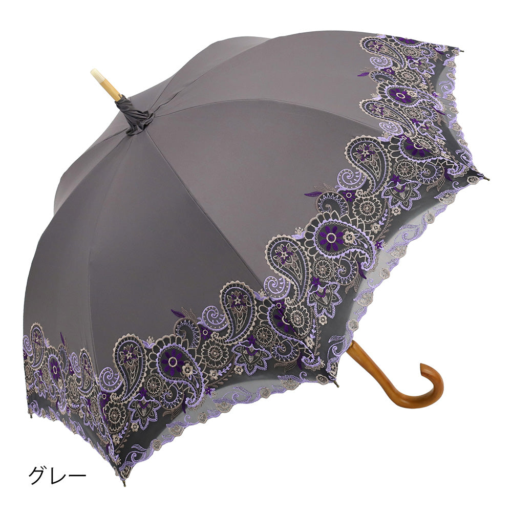 更紗ペーズリーオーガンジー カットワーク刺繍かわず張り 晴雨兼用長日傘