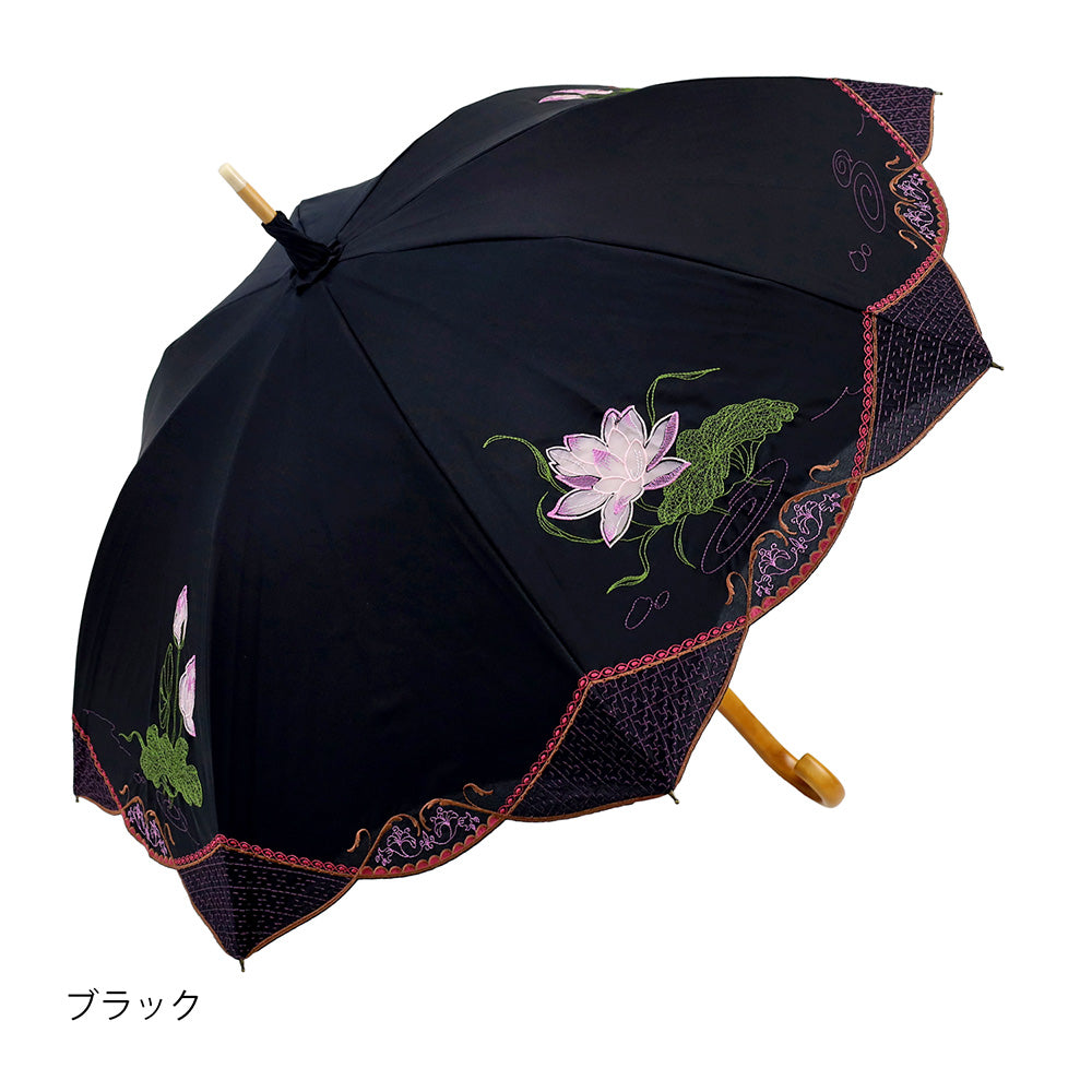 蓮花オーガンジーカットワーク刺繍かわず張り晴雨兼用 長日傘