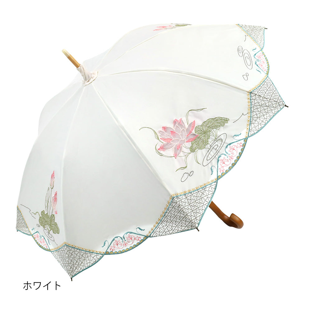 蓮花オーガンジーカットワーク刺繍かわず張り晴雨兼用 長日傘