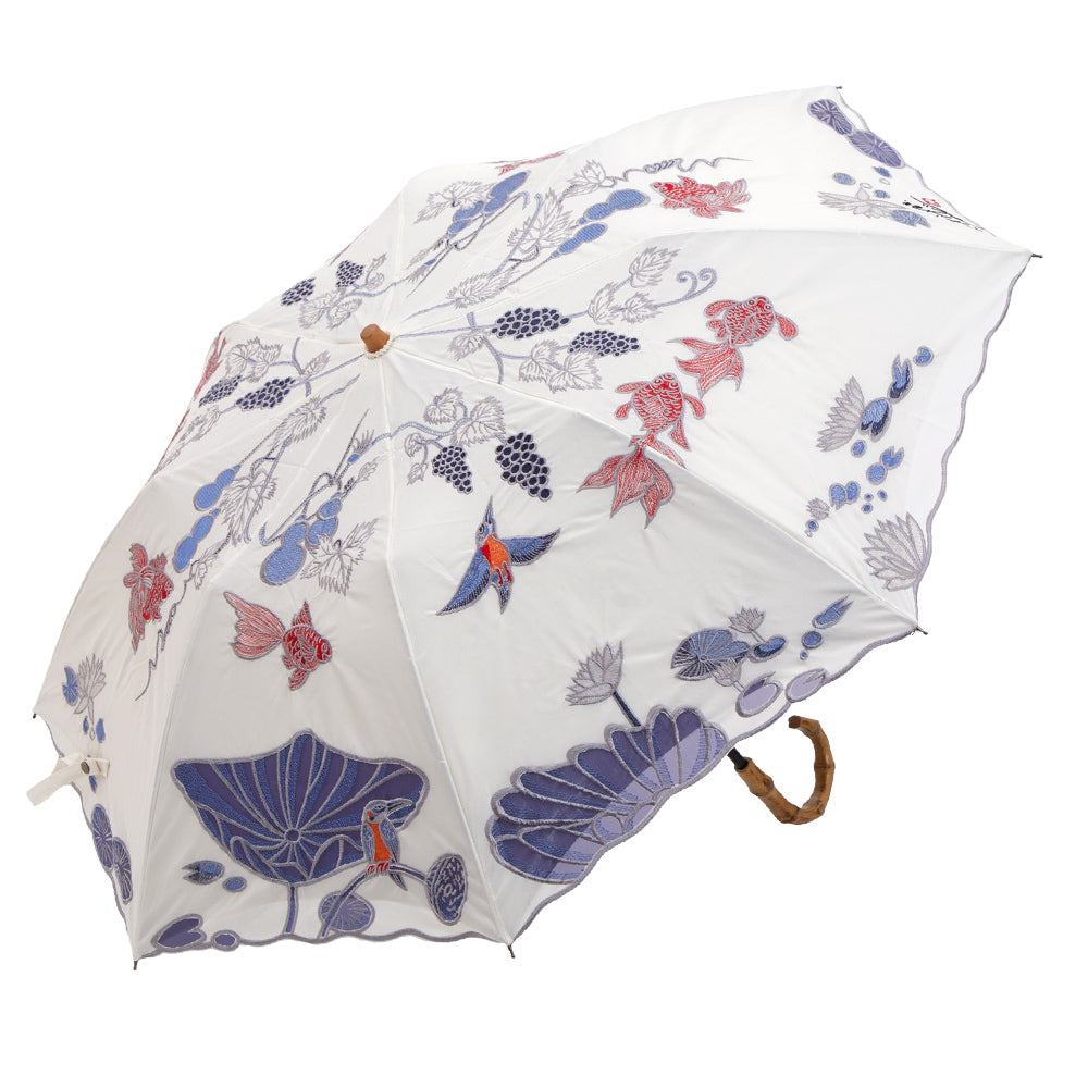 Kiyanサマーウォーターオーガンジーカットワーク刺繍 かわず張りショート折日傘