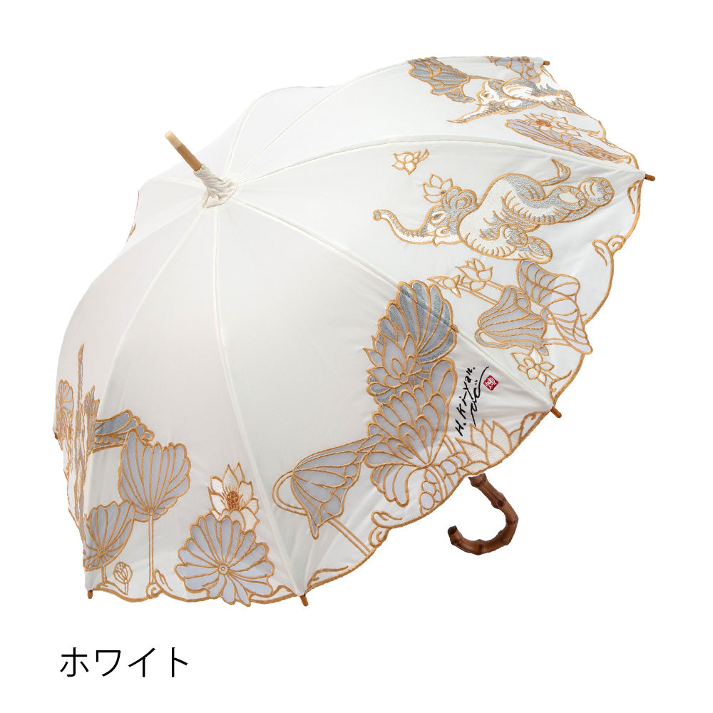 Kiyanホワイトエレファントオーガンジーカットワーク刺繍 かわず張り長日傘
