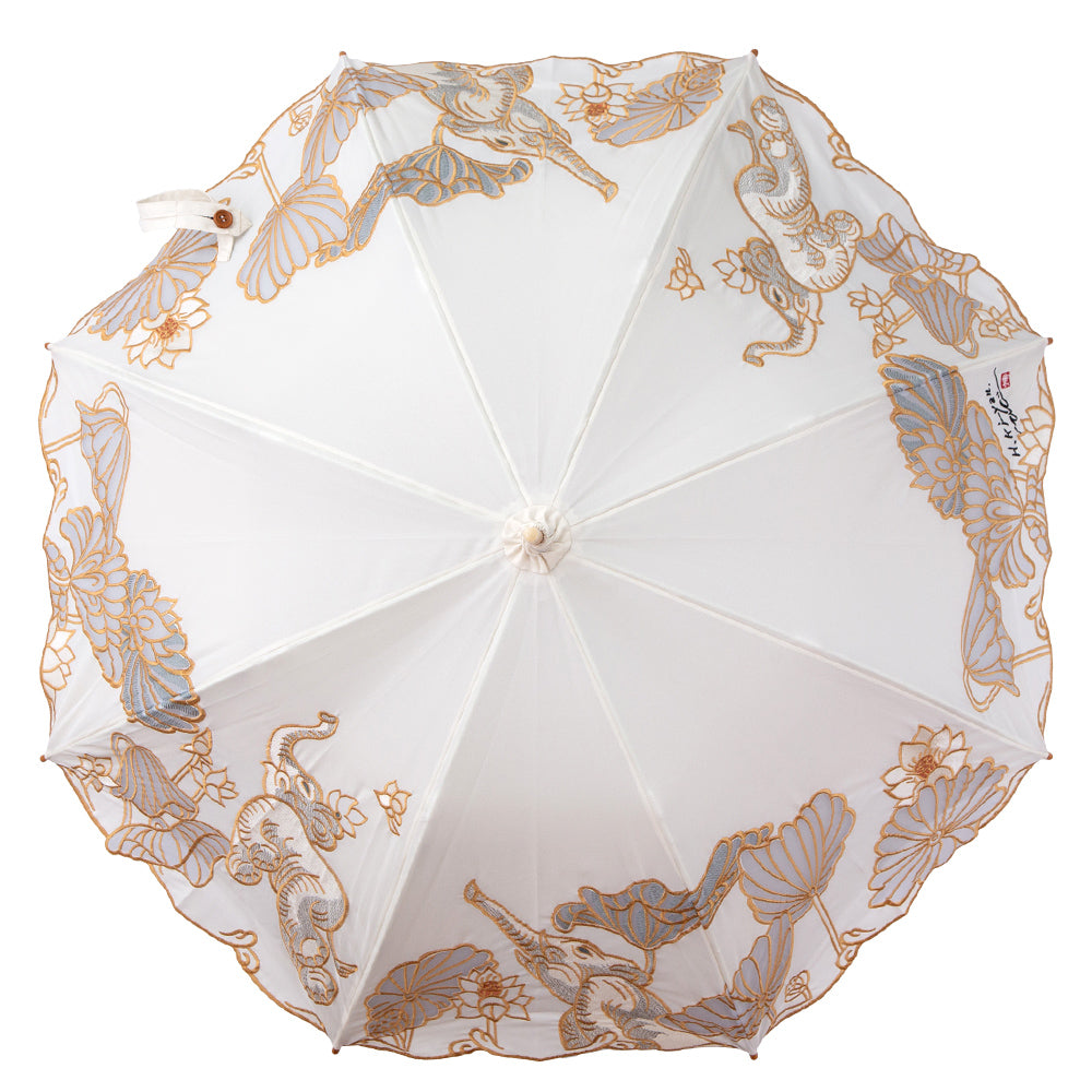 Kiyanホワイトエレファントオーガンジーカットワーク刺繍 かわず張りショート折日傘