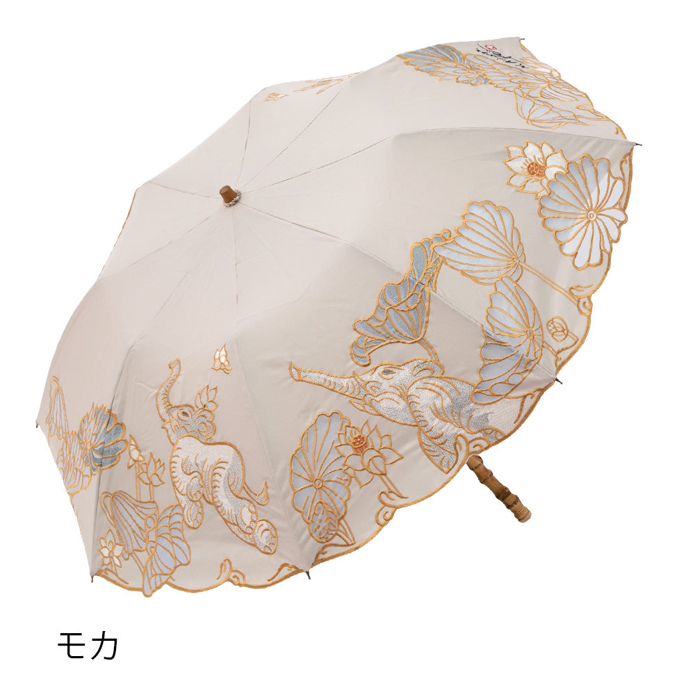 Kiyanホワイトエレファントオーガンジーカットワーク刺繍 かわず張りショート折日傘
