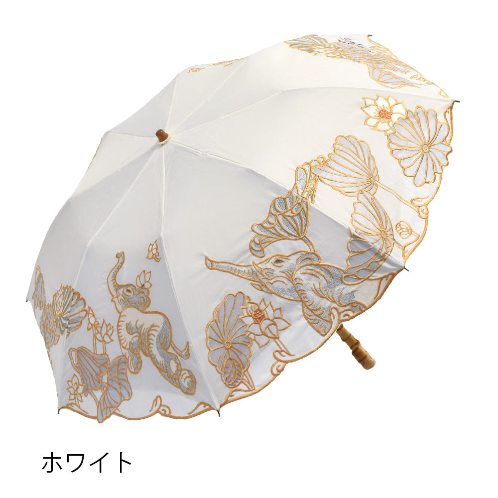 Kiyanホワイトエレファントオーガンジーカットワーク刺繍 かわず張りショート折日傘