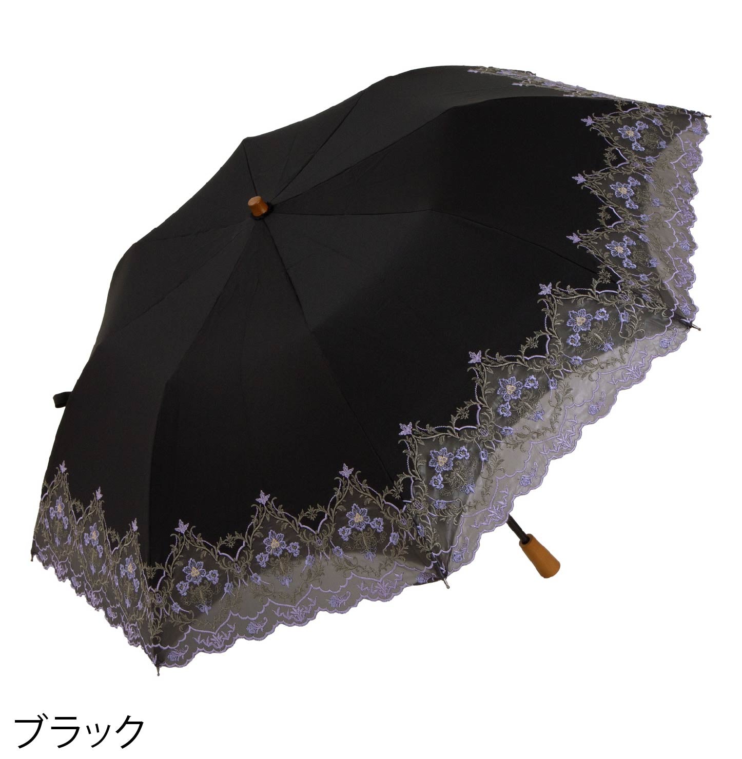ダマスクオーガンジーカットワーク刺繍かわず張り晴雨兼用ショート折りたたみ日傘