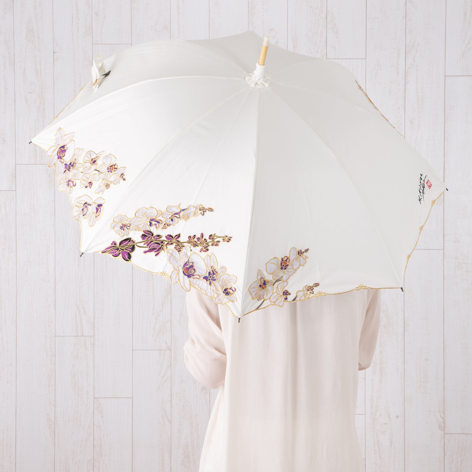 キーヤン 胡蝶蘭オーガンジーカットワーク刺繍 かわず張り 晴雨兼用長日傘