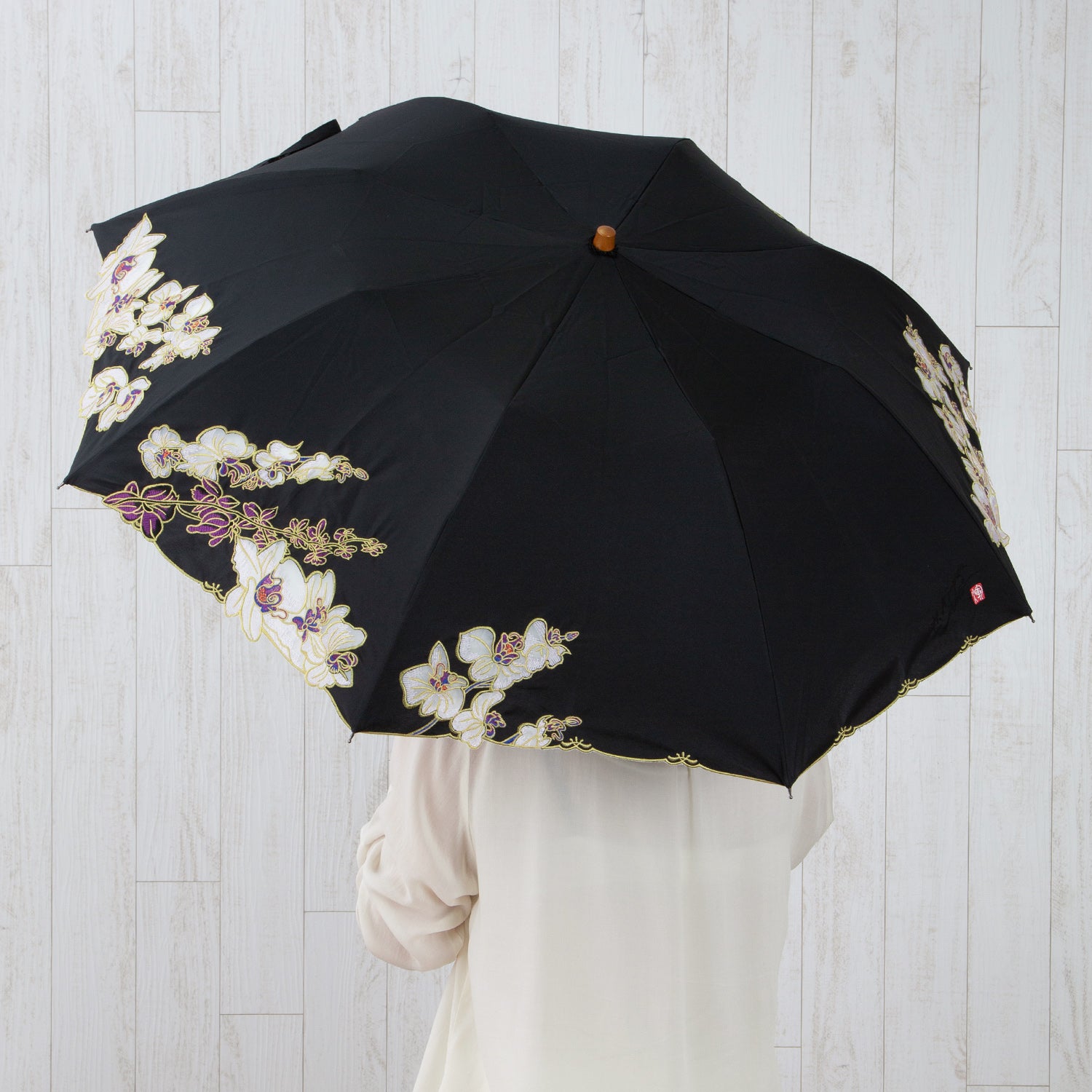 キーヤン 胡蝶蘭オーガンジーカットワーク刺繍 かわず張り 晴雨兼用ショート折日傘