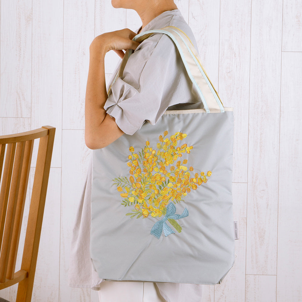 ミモザ刺繍 防水・撥水トートバッグ